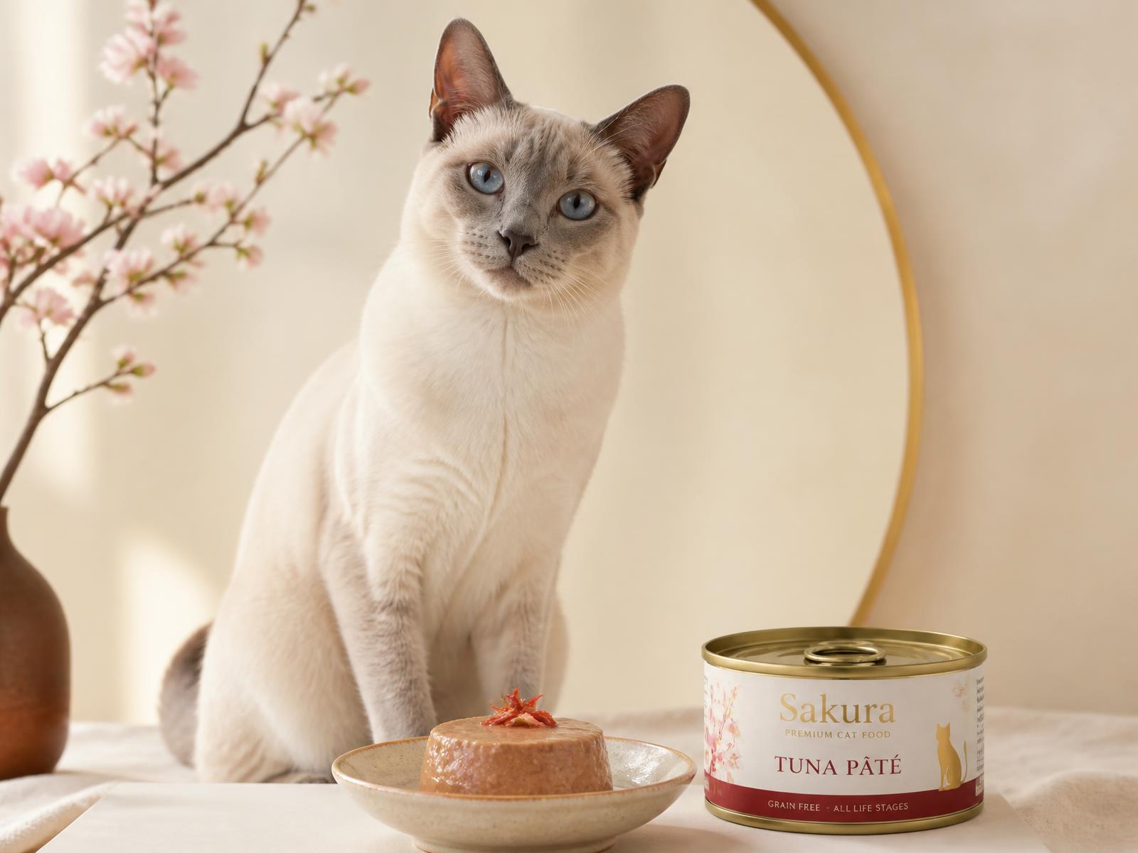 A Siamese cat beside a bowl and can of Neko Gourmet cat food